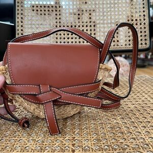 Brown Faux Leather and Straw Crossbody Bag